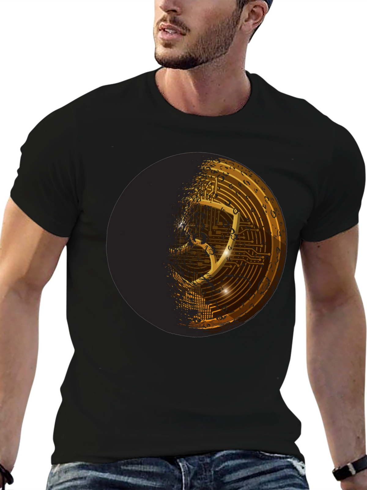 Cyber Shield Black T-Shirt - Futuristic Design
