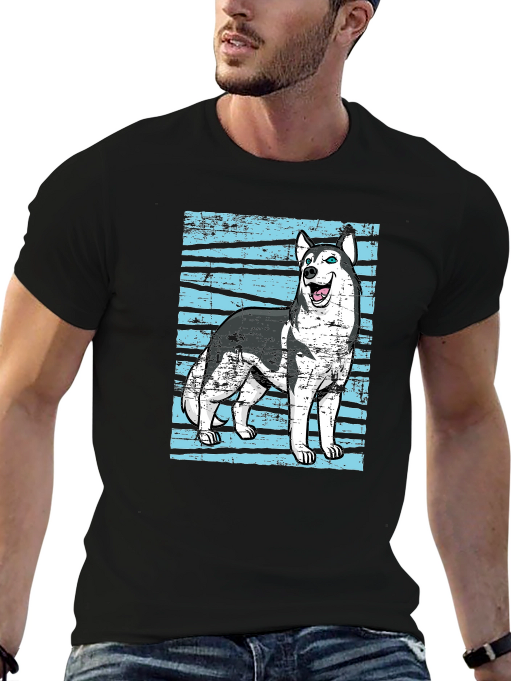 Husky Dog Graphic Print Black T-Shirt