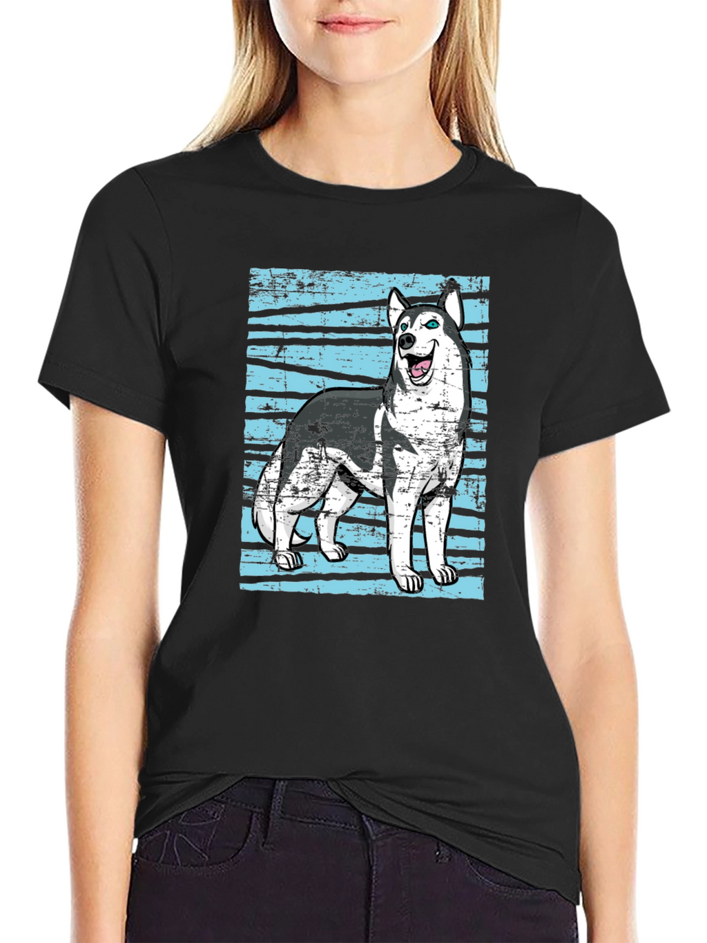 Husky Dog Graphic Print Black T-Shirt