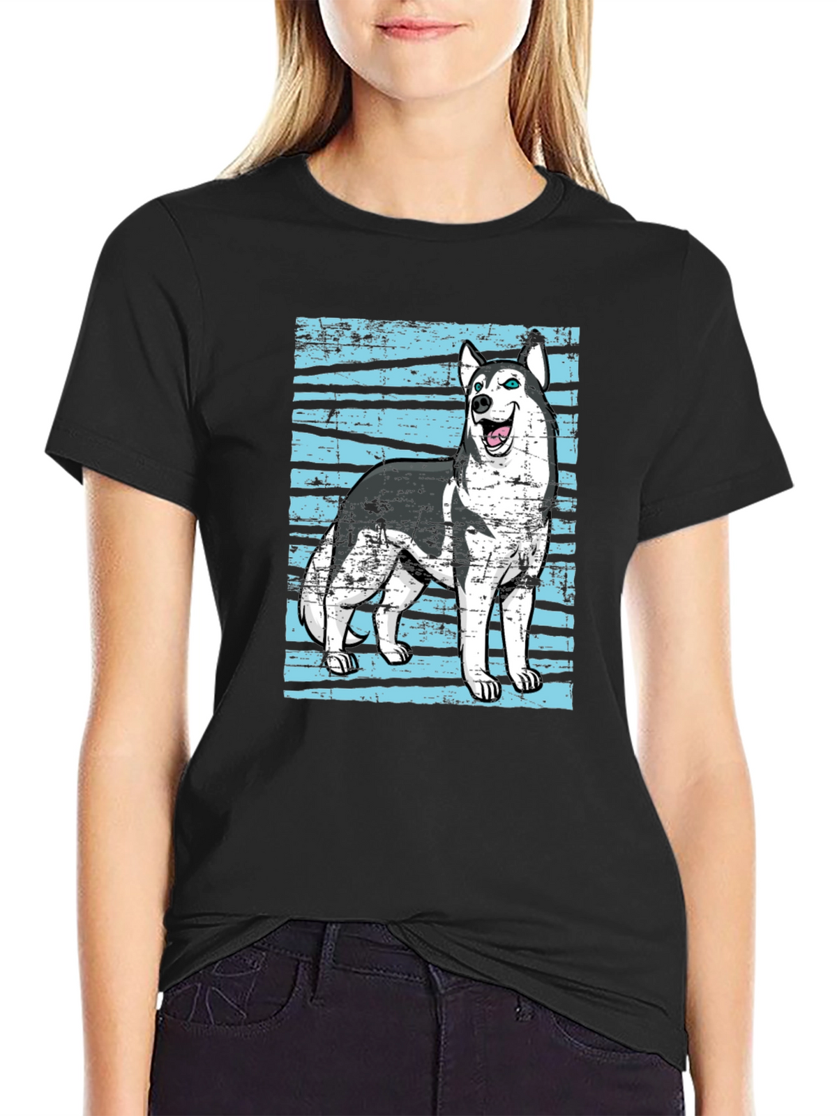 Husky Dog Graphic Print Black T-Shirt
