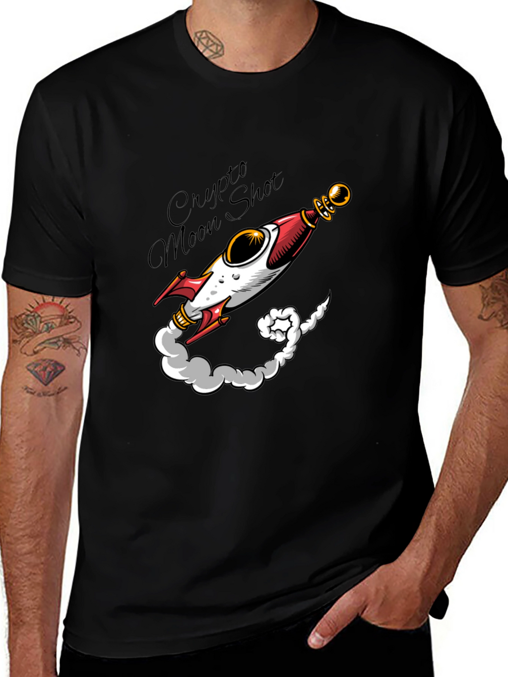 Crypto Moon Shot T-Shirt - Black Rocket Design
