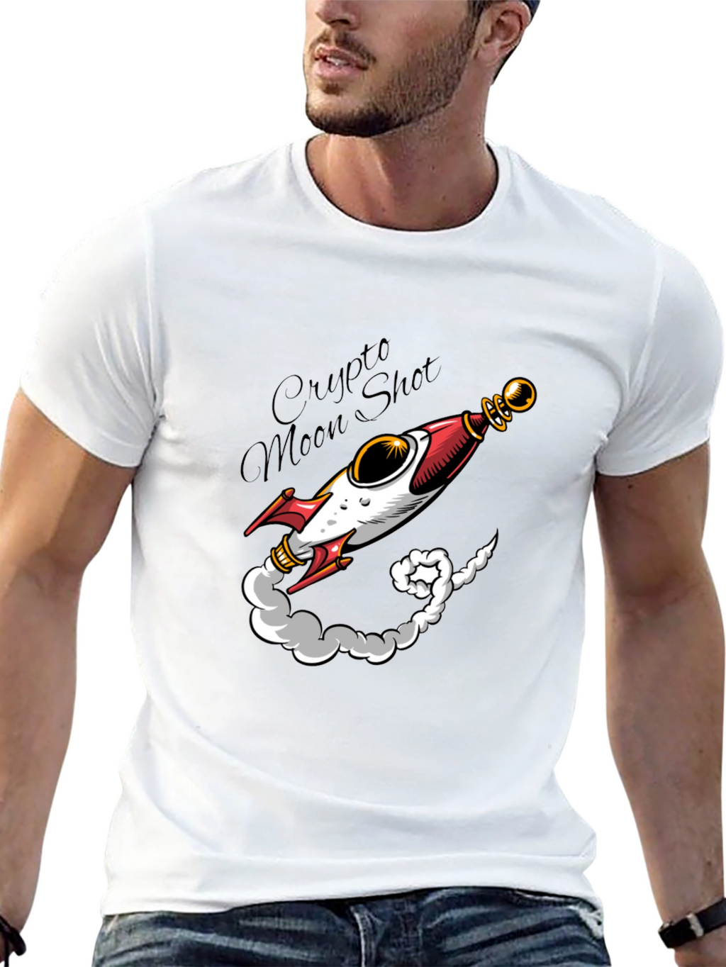 Crypto Moon Shot T-Shirt - Black Rocket Design