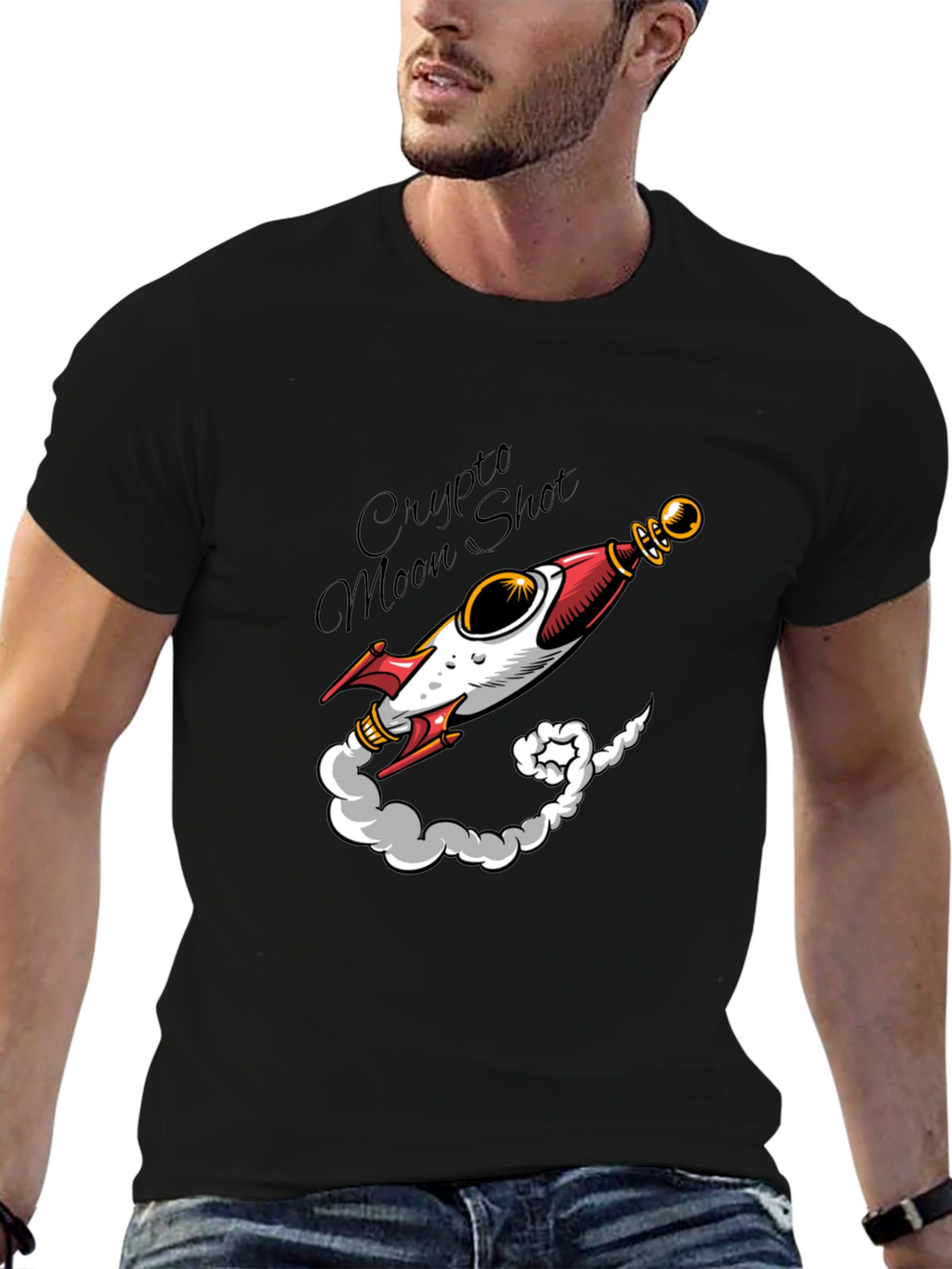 Crypto Moon Shot T-Shirt - Black Rocket Design