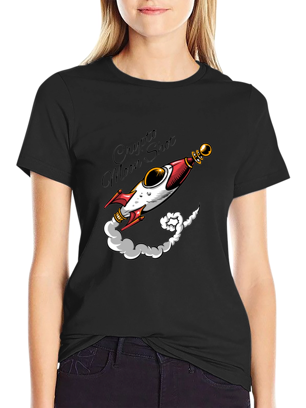 Crypto Moon Shot T-Shirt - Black Rocket Design