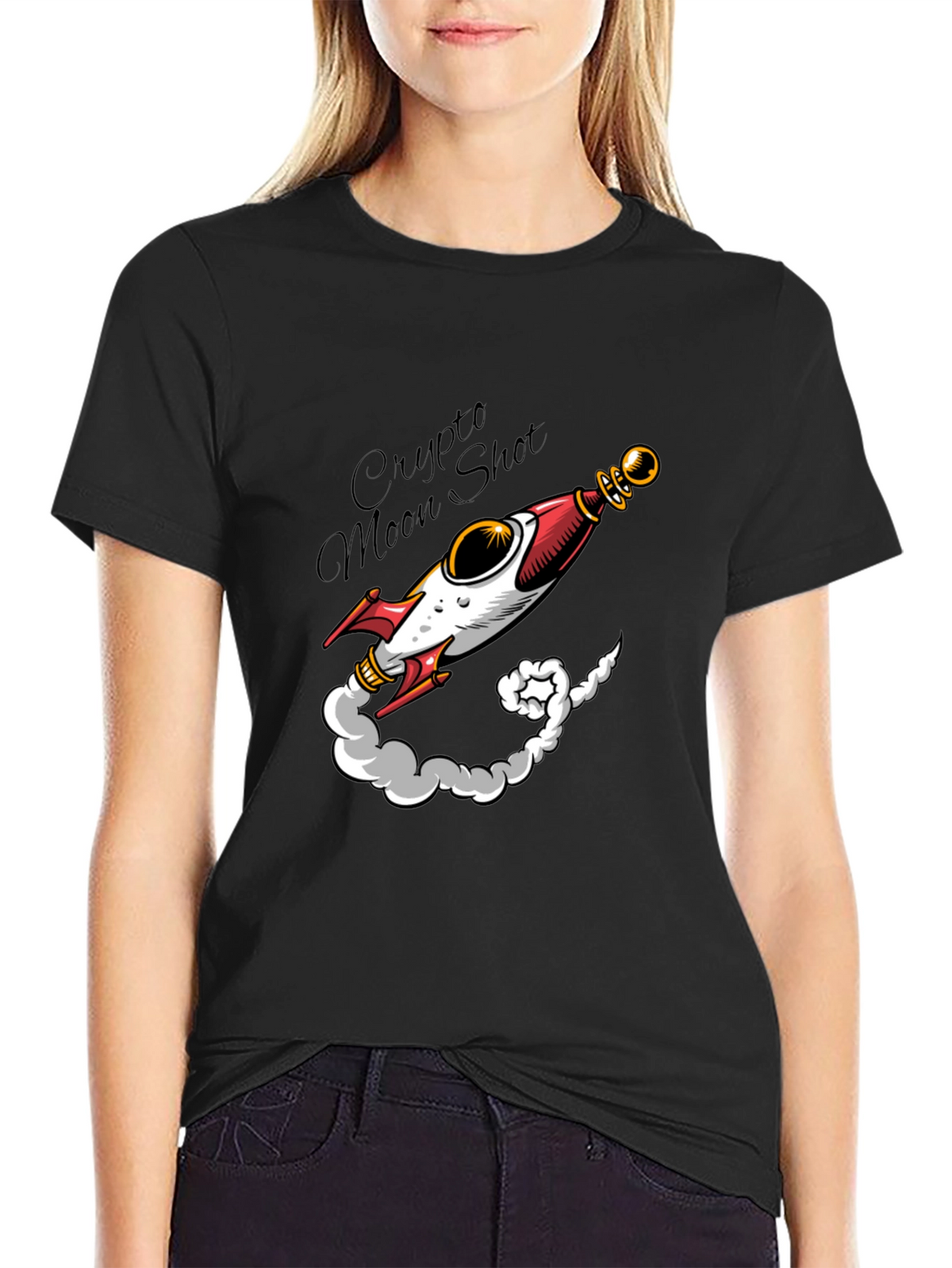 Crypto Moon Shot T-Shirt - Black Rocket Design