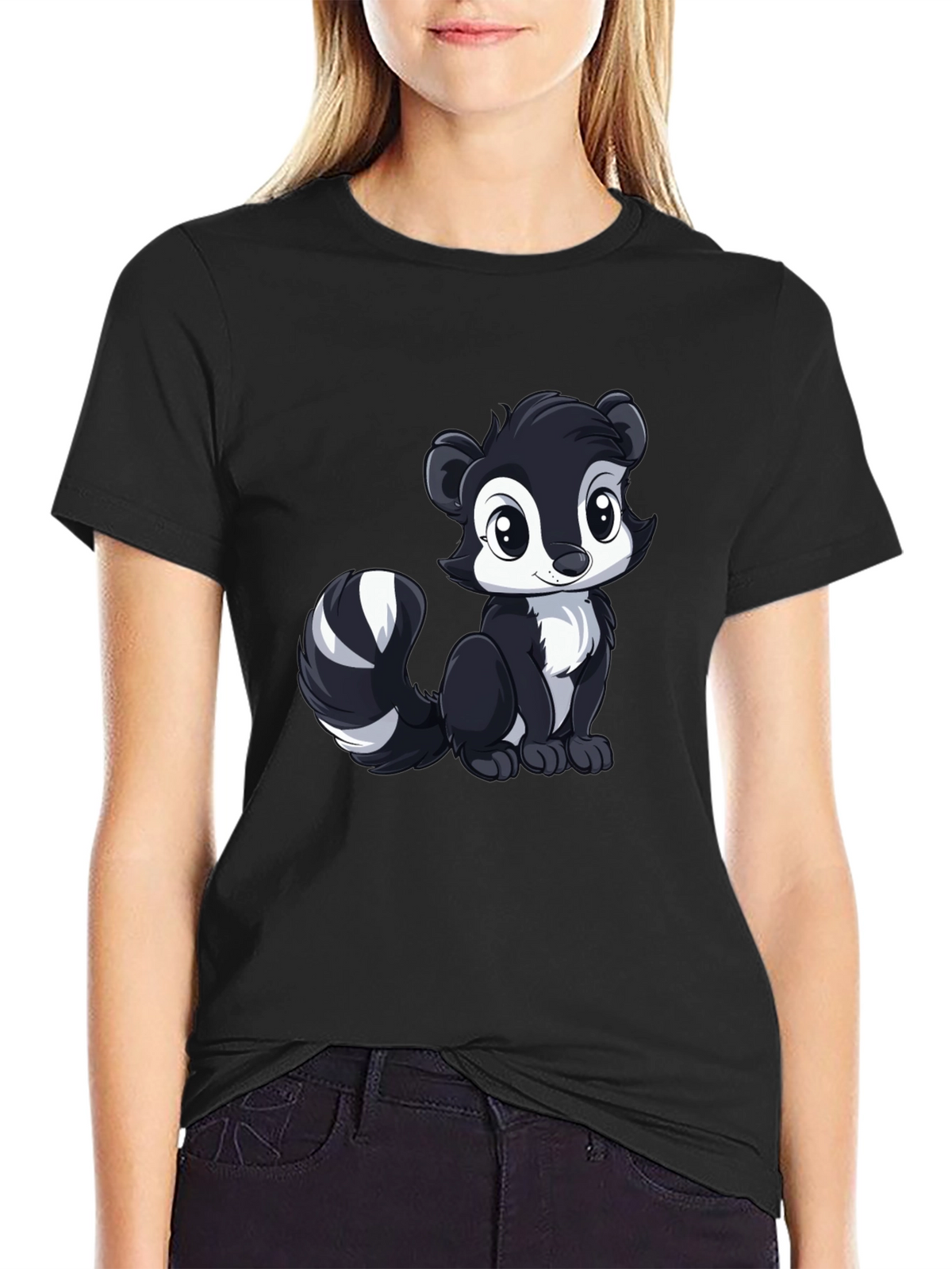 Cute Skunk Graphic Tee - Black Cotton Shirt