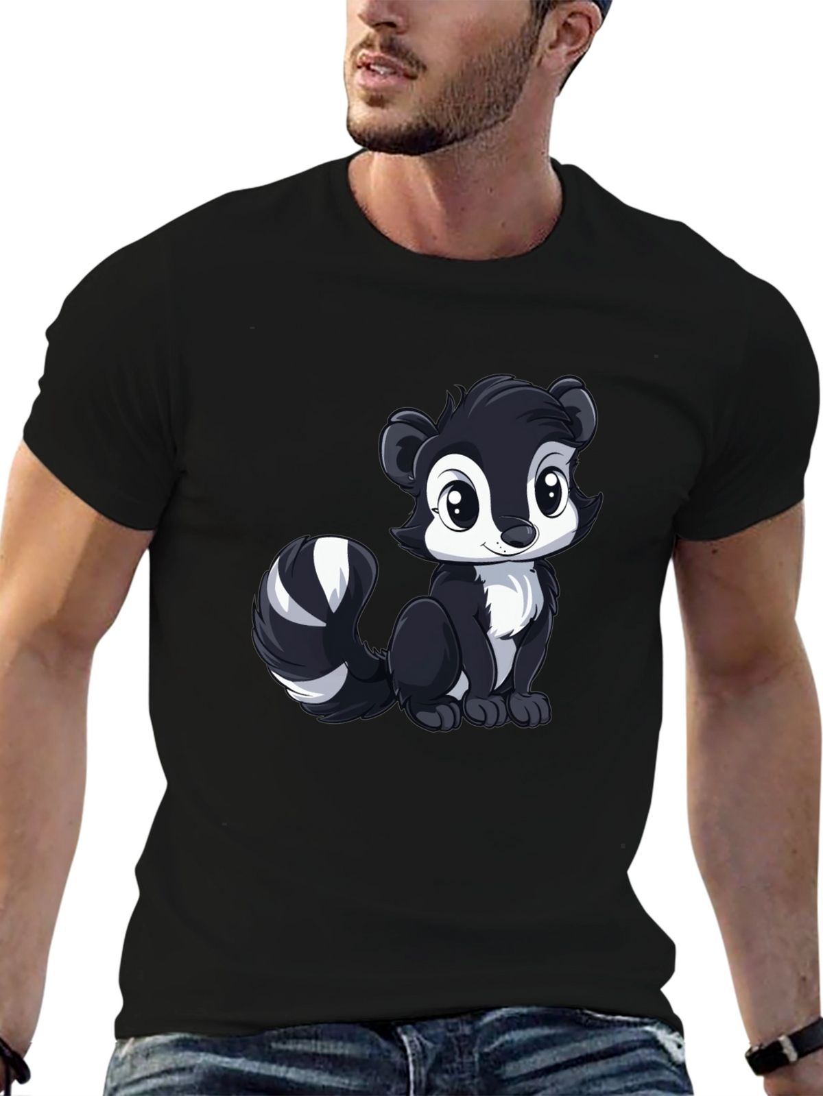 Cute Skunk Graphic Tee - Black Cotton Shirt