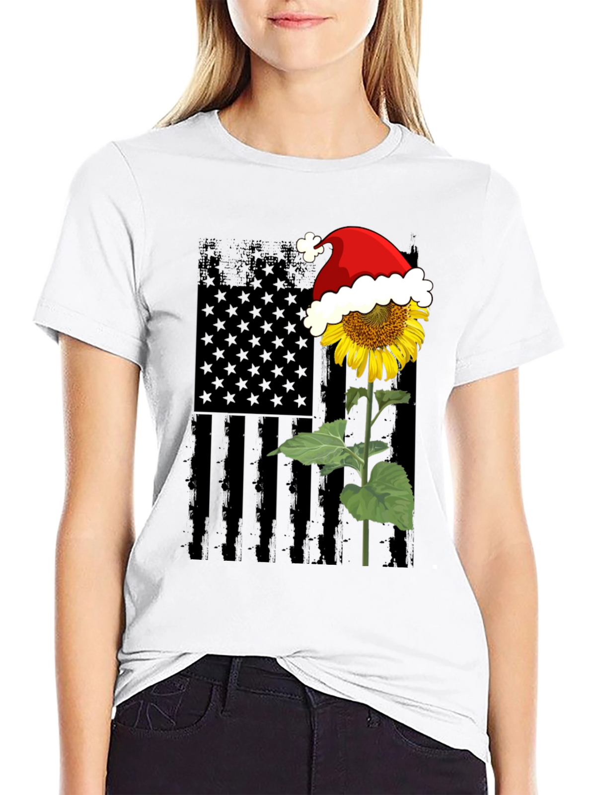 Sunflower American Flag Santa Hat T-Shirt