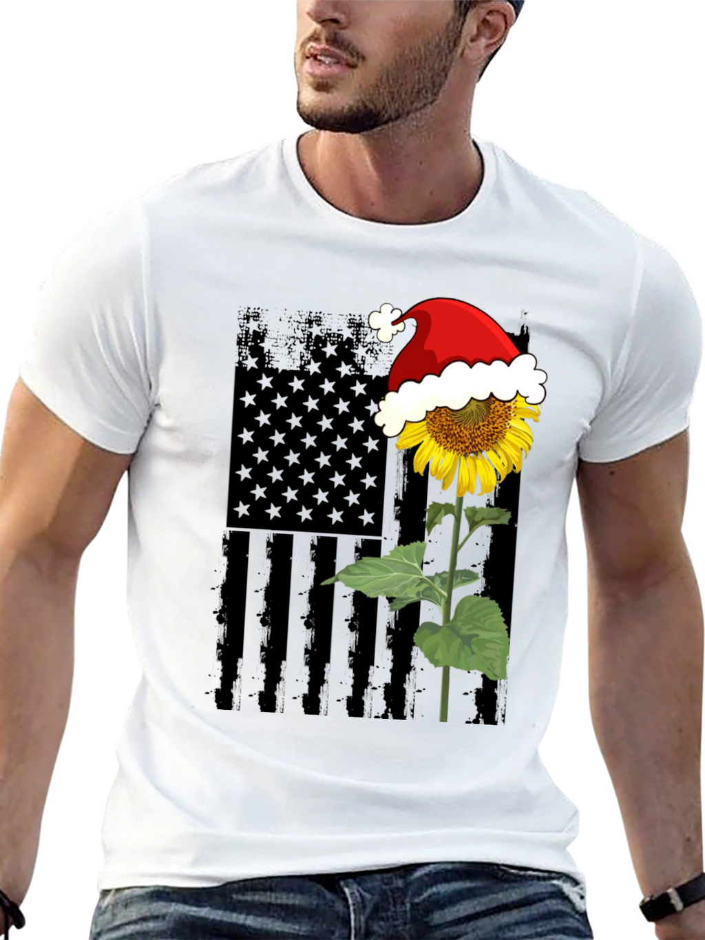 Sunflower American Flag Santa Hat T-Shirt