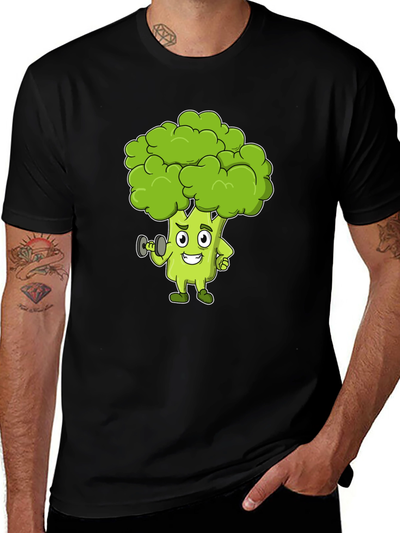 Broccoli Cartoon Graphic Black T-Shirt