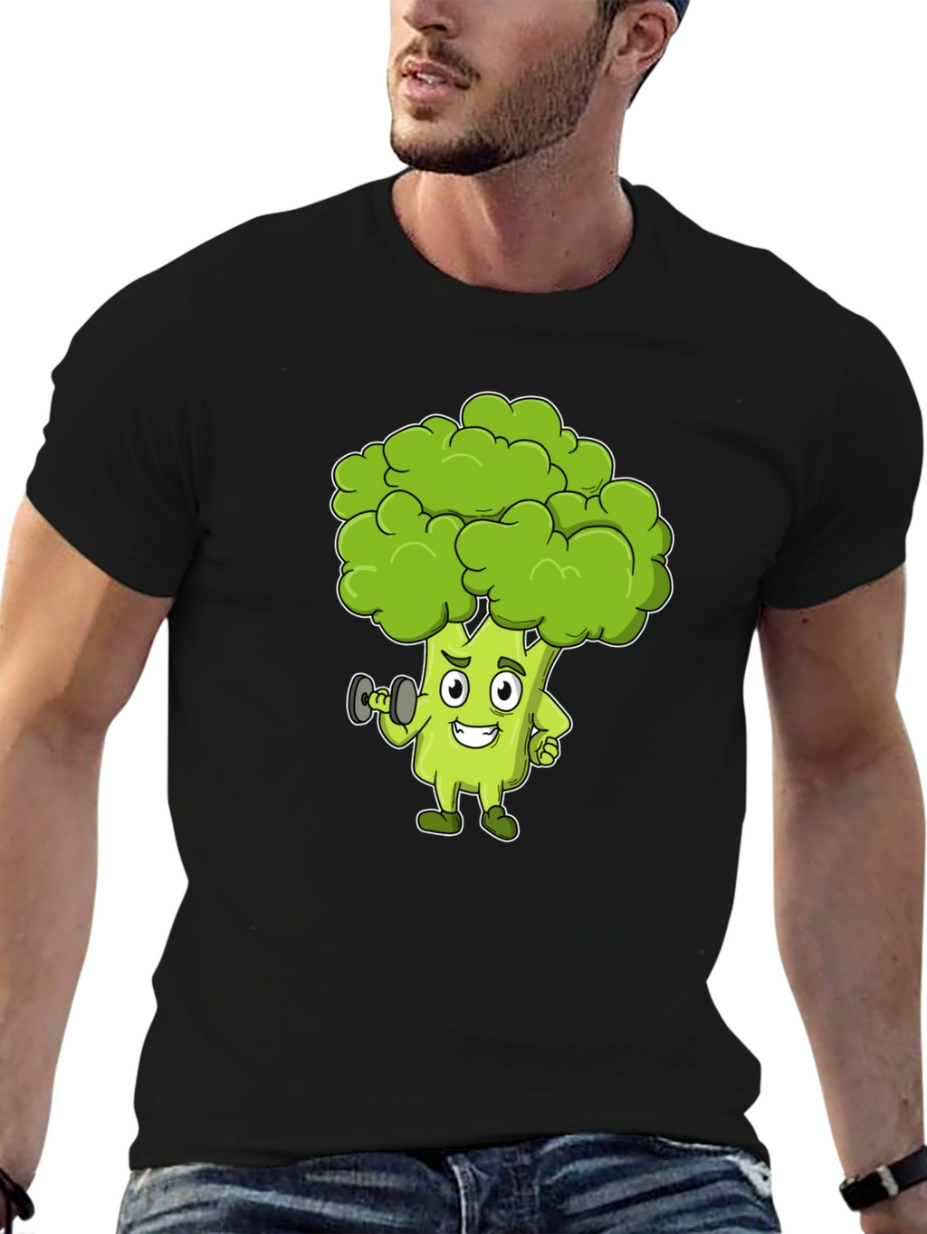Broccoli Cartoon Graphic Black T-Shirt