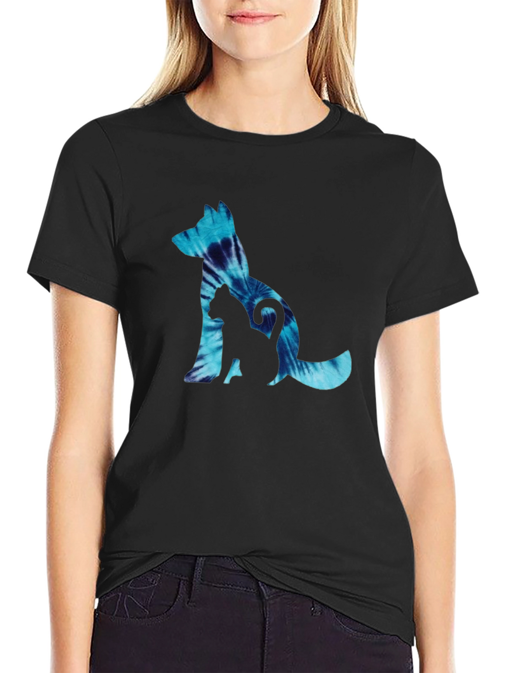 Dog & Cat Tie-Dye Graphic Black T-Shirt
