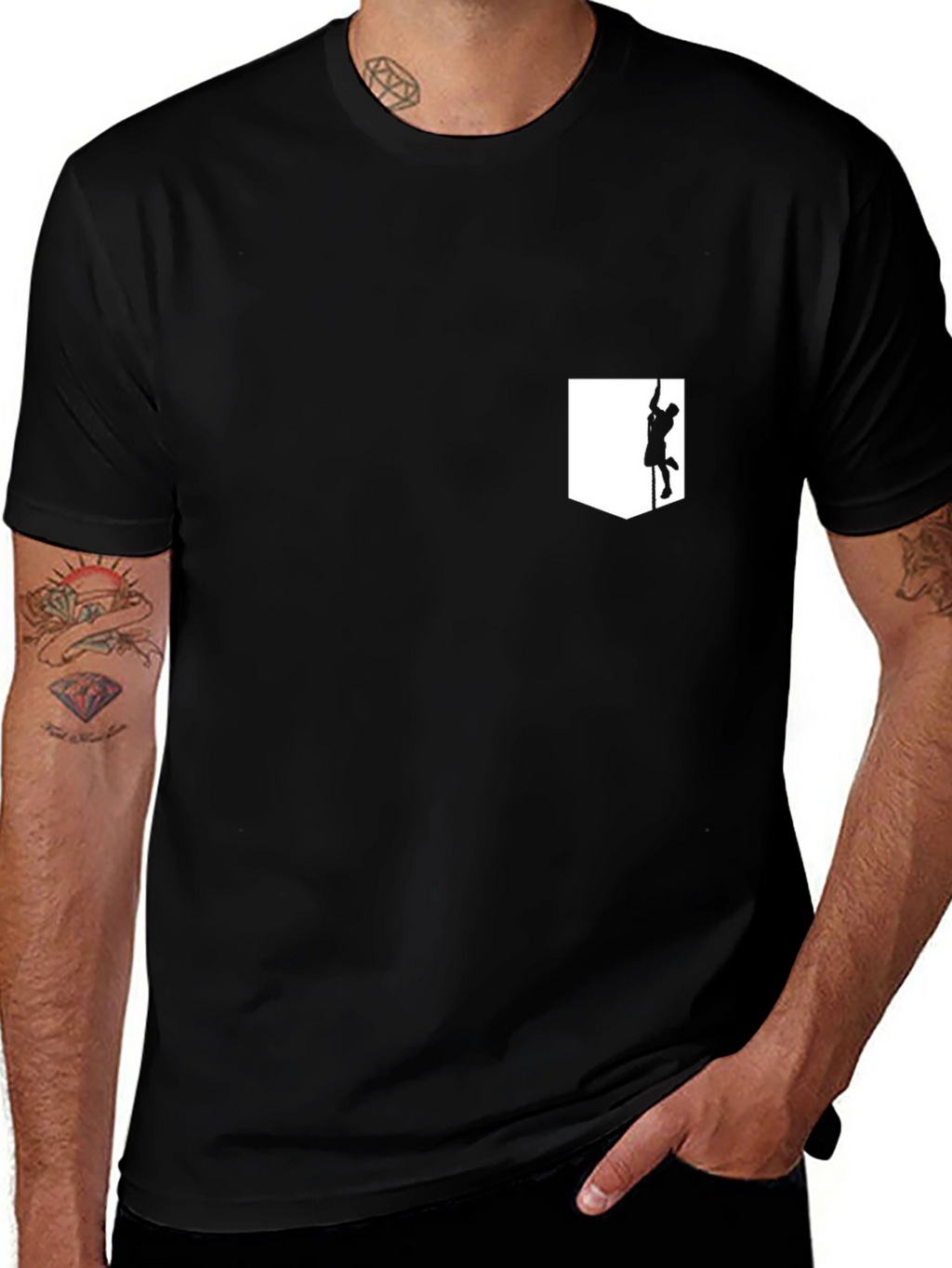 Mens Black T-Shirt with Climber Pocket Design