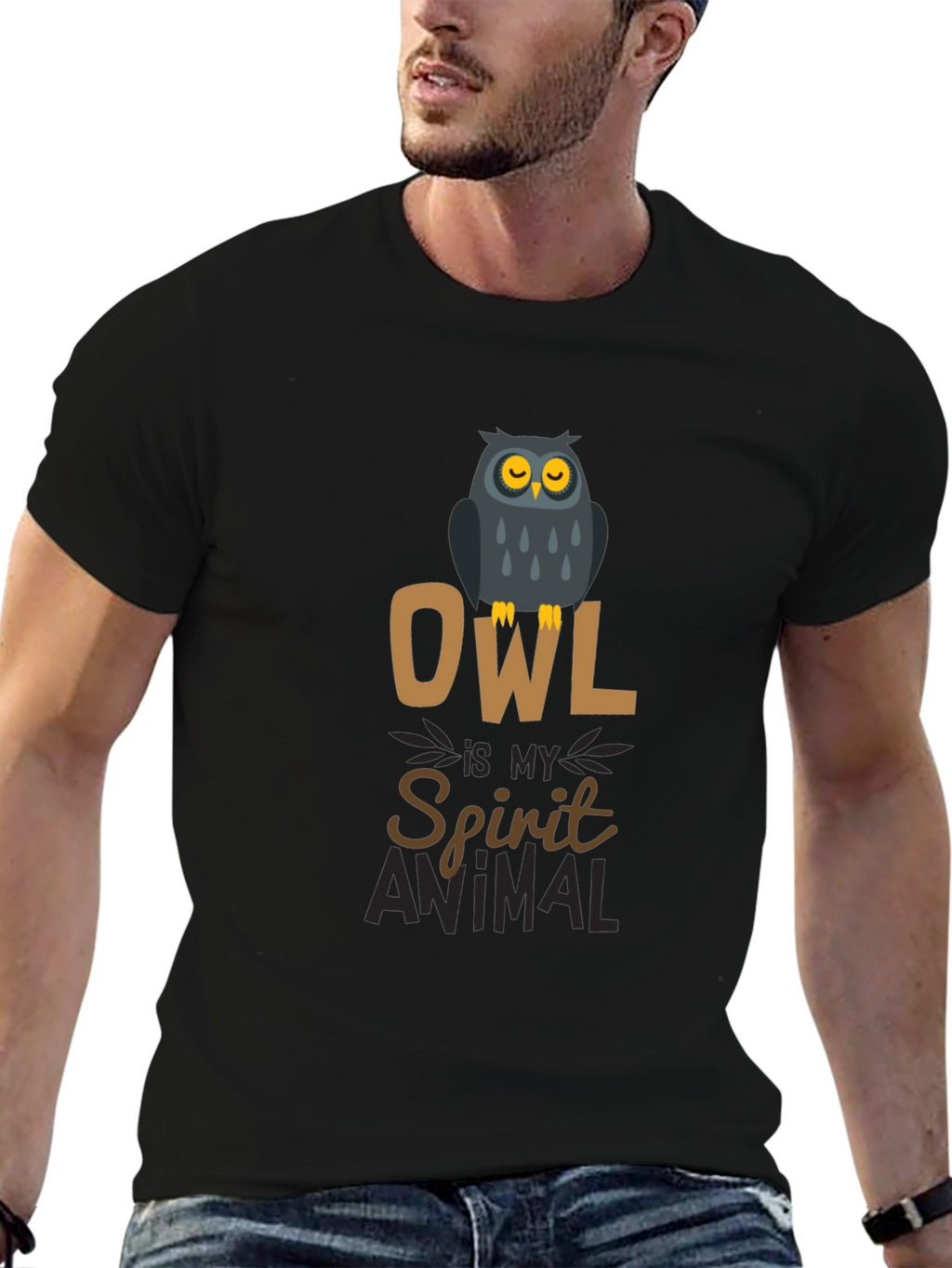 Owl Spirit Animal Black Cotton Graphic T-Shirt