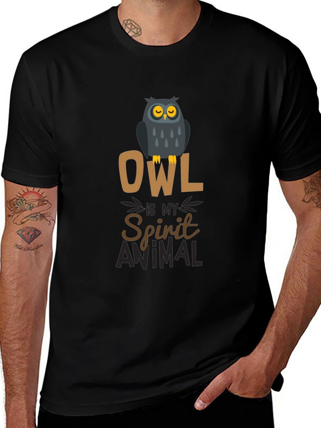 Owl Spirit Animal Black Cotton Graphic T-Shirt