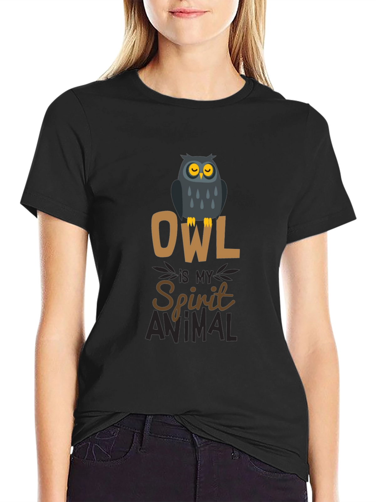 Owl Spirit Animal Black Cotton Graphic T-Shirt