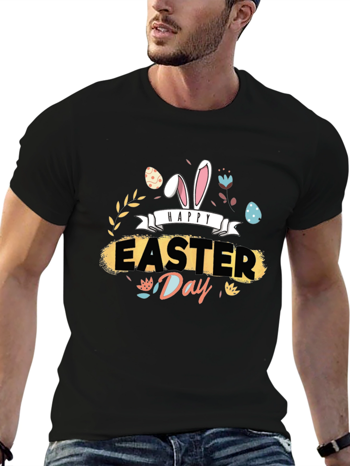 Happy Easter Day Graphic Tee - Mens Black T-Shirt