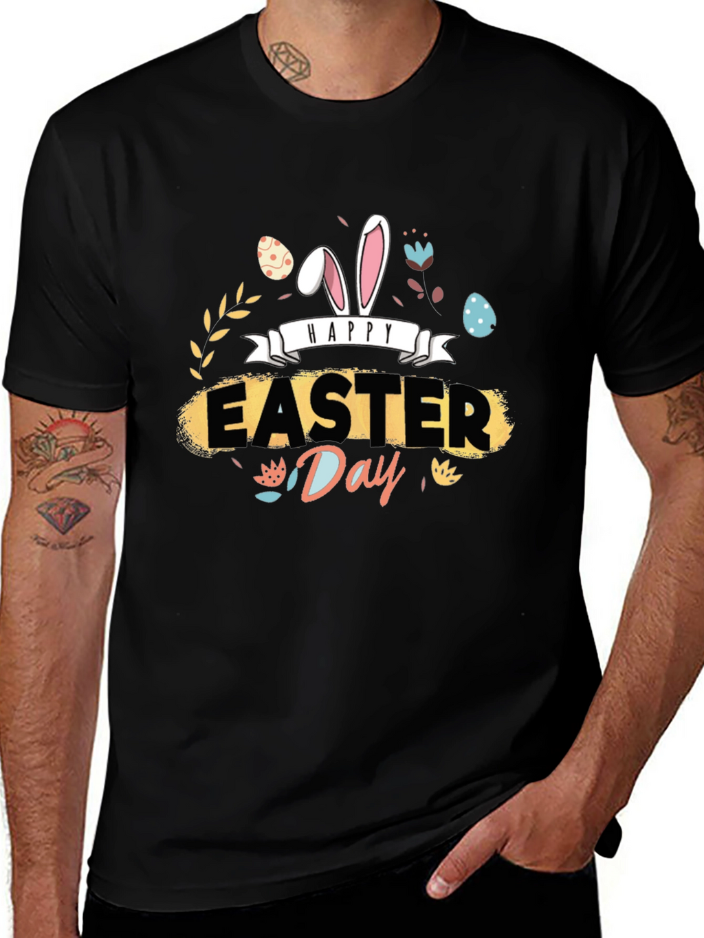 Happy Easter Day Graphic Tee - Mens Black T-Shirt