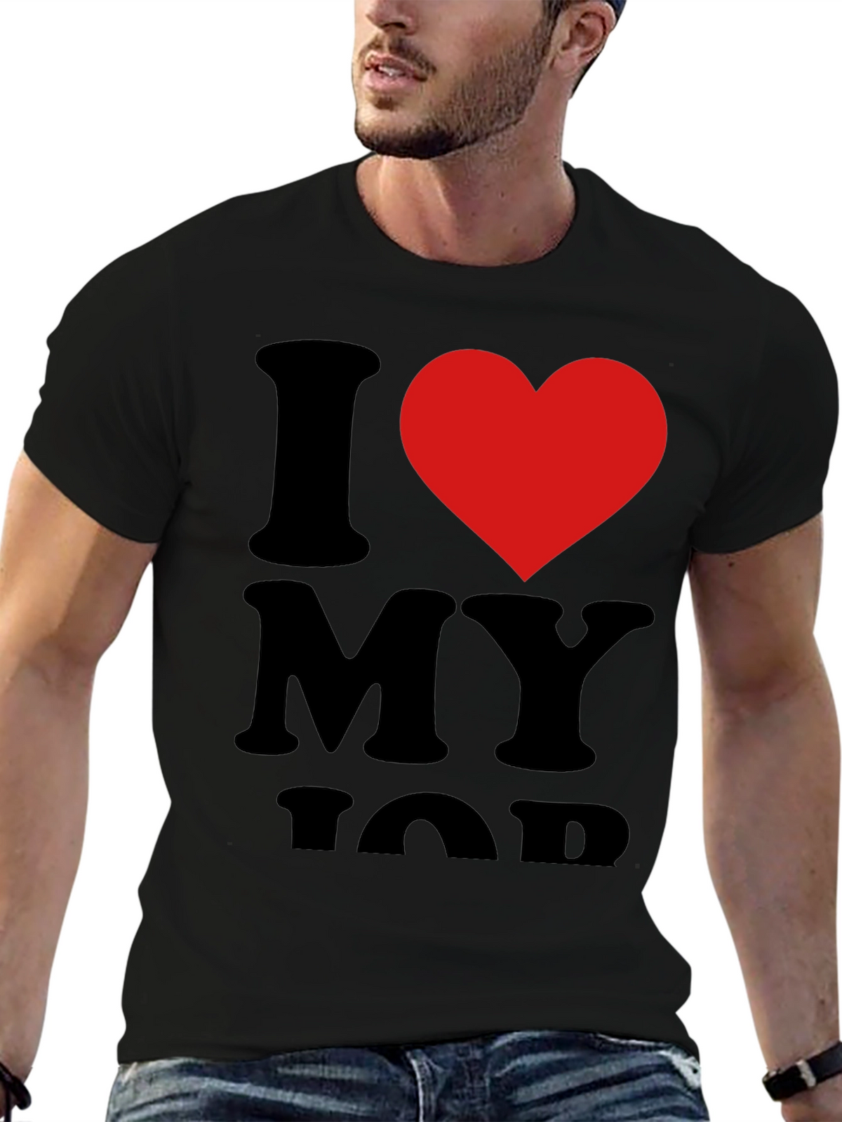 I Love My Job Black T-Shirt with Red Heart