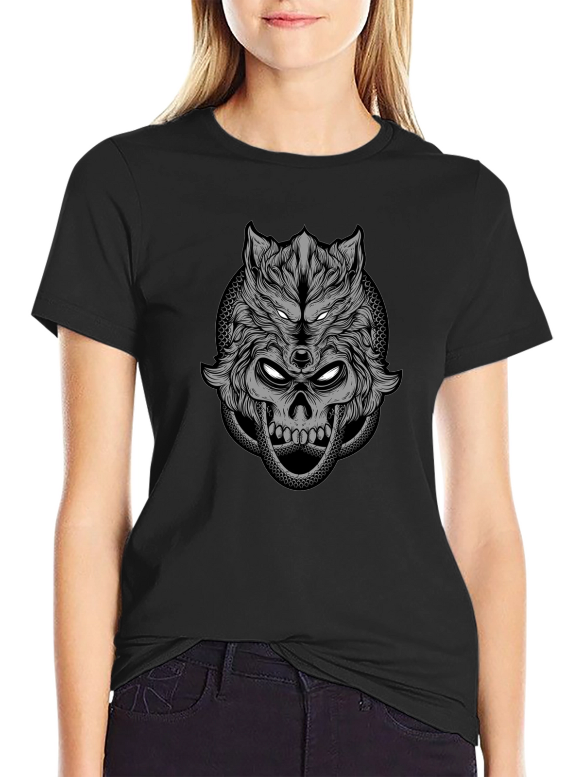 Wolf Skull Graphic Print T-Shirt - Black