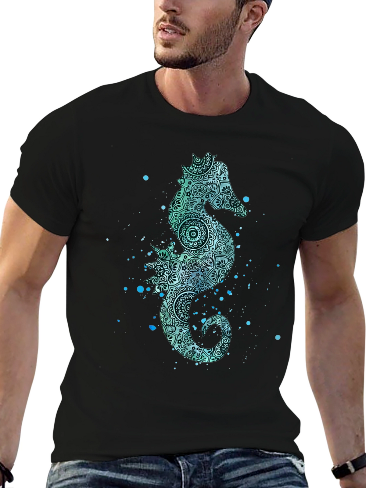 Seahorse Graphic Tee - Mens Black Cotton T-Shirt