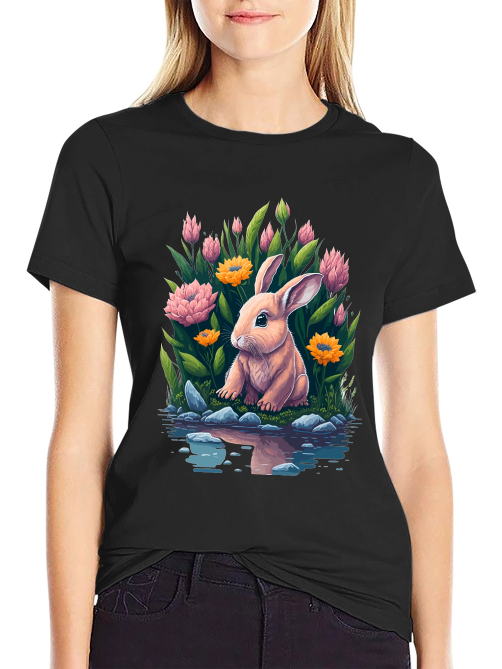 Bunny & Blooms Graphic Tee - Mens Black T-Shirt