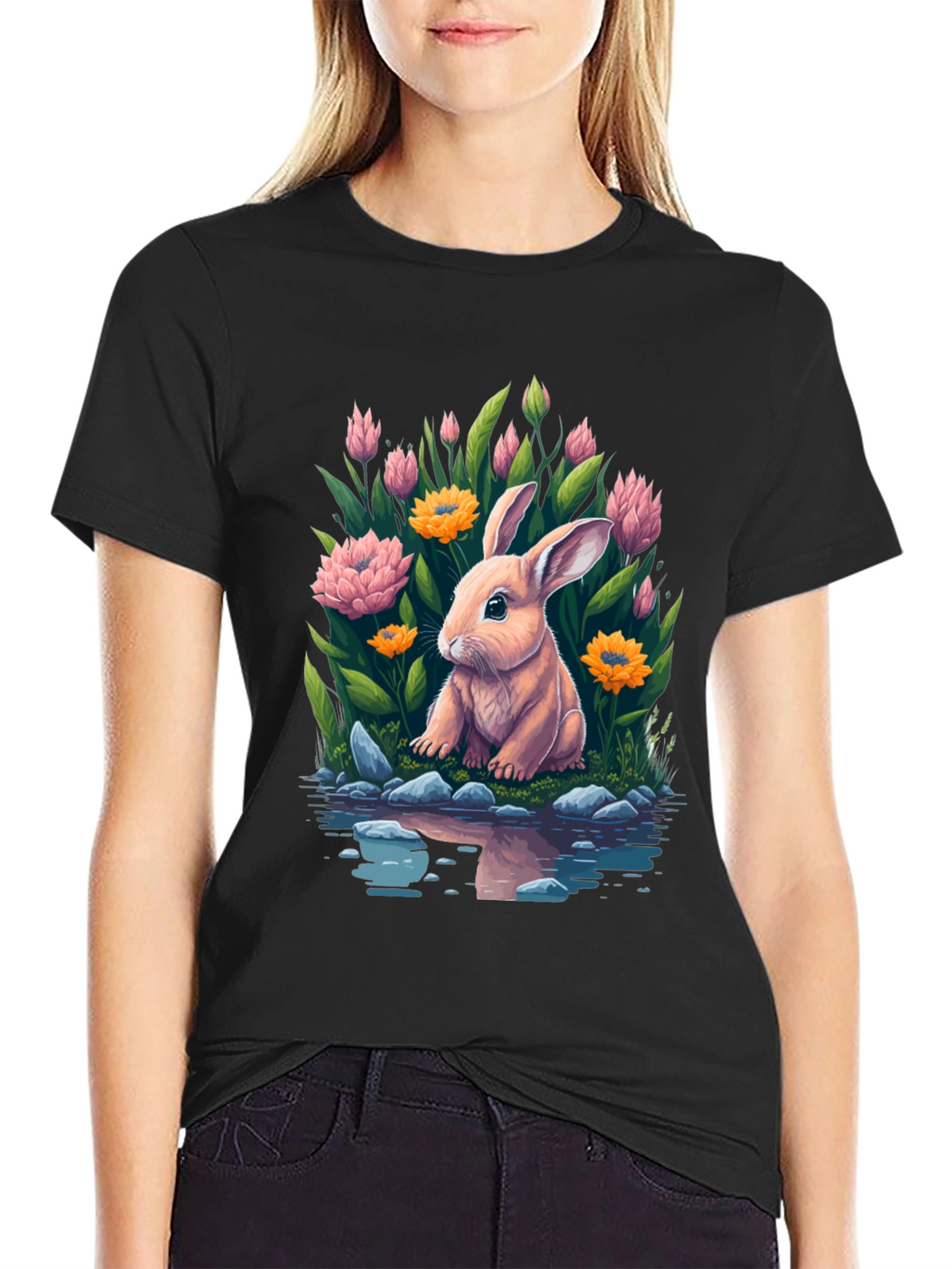 Bunny & Blooms Graphic Tee - Mens Black T-Shirt