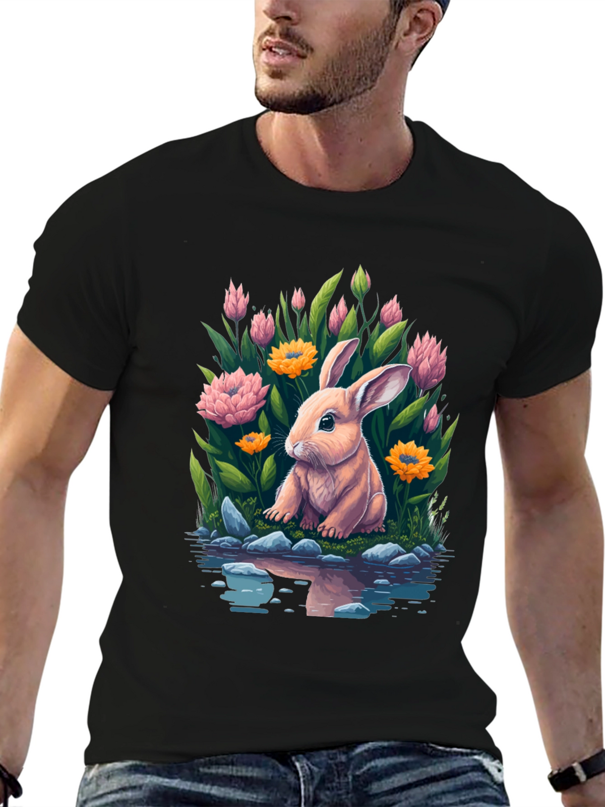 Bunny & Blooms Graphic Tee - Mens Black T-Shirt