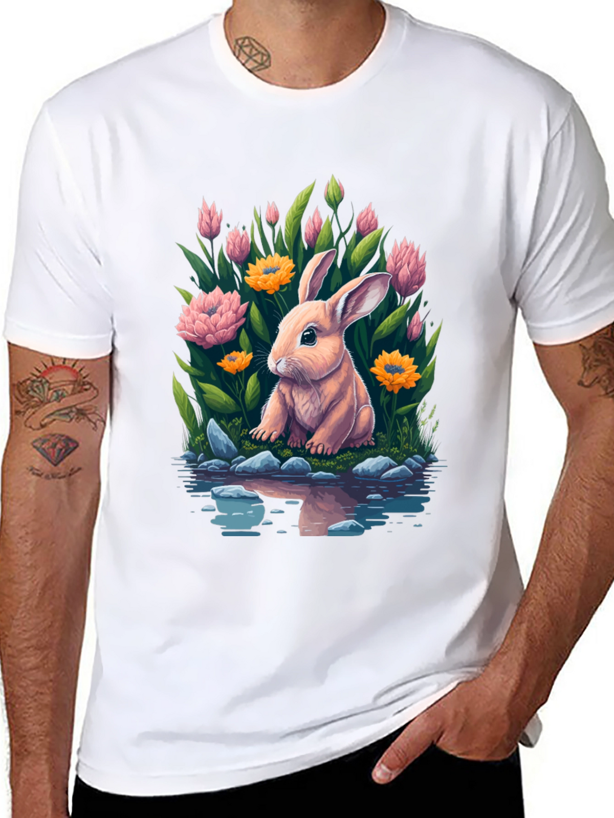 Bunny & Blooms Graphic Tee - Mens Black T-Shirt