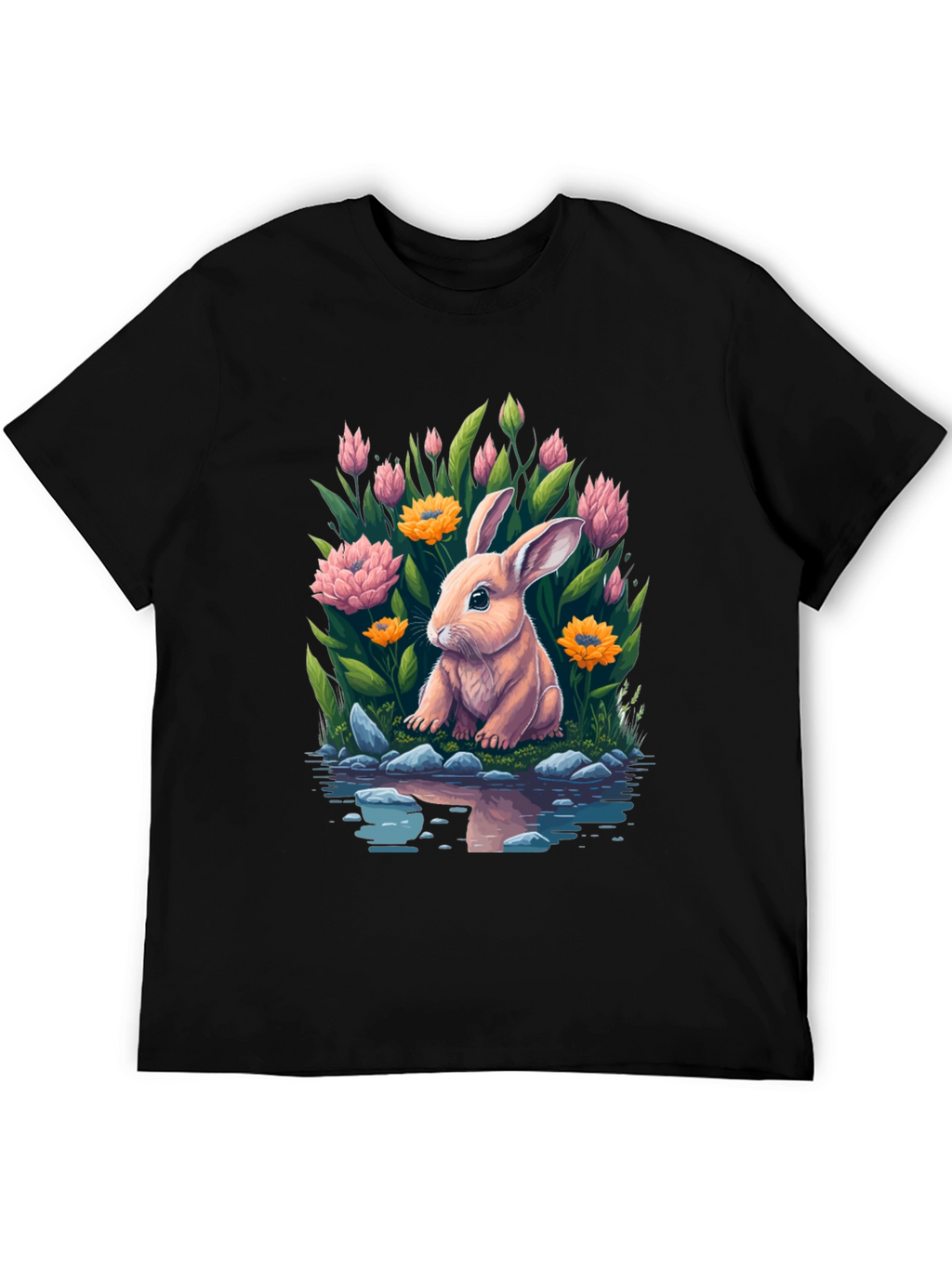 Bunny & Blooms Graphic Tee - Mens Black T-Shirt