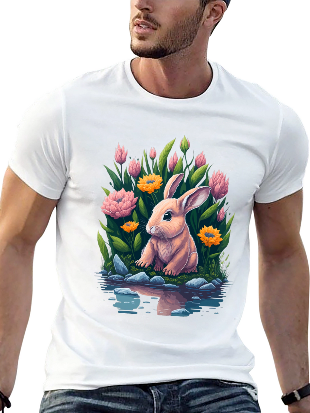 Bunny & Blooms Graphic Tee - Mens Black T-Shirt