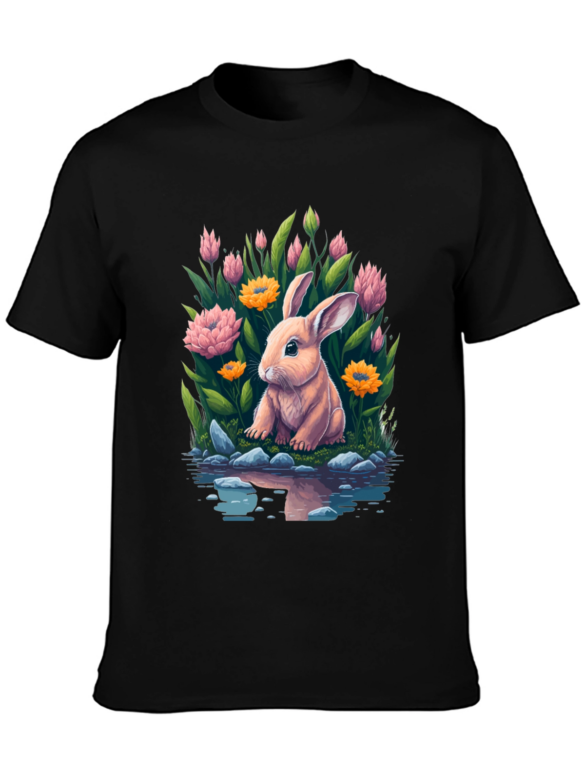 Bunny & Blooms Graphic Tee - Mens Black T-Shirt