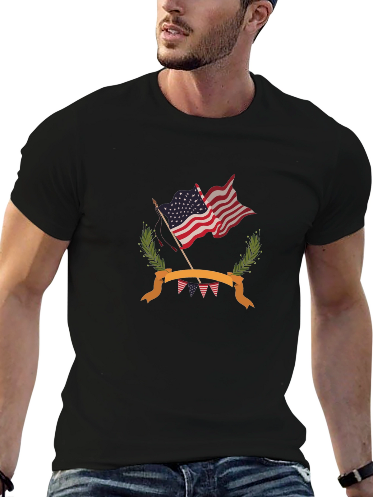 Patriotic USA Flag Graphic Tee - Black Cotton T-Shirt