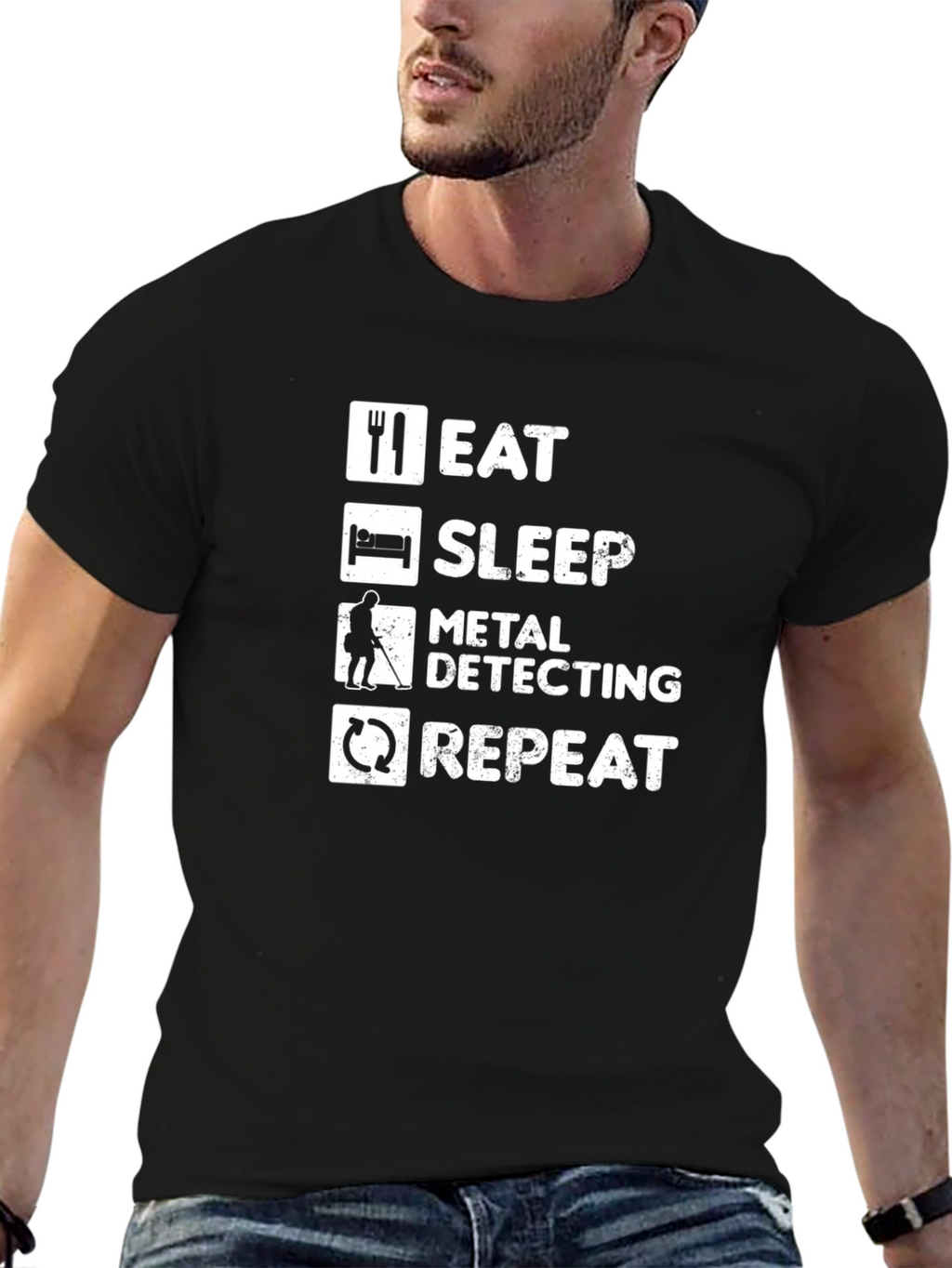 Eat Sleep Metal Detecting Repeat Black T-Shirt