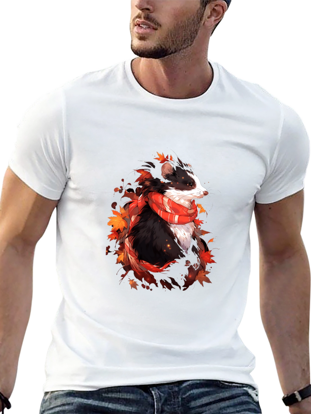 Whimsical Badger Graphic Tee - Autumn Scarf Design