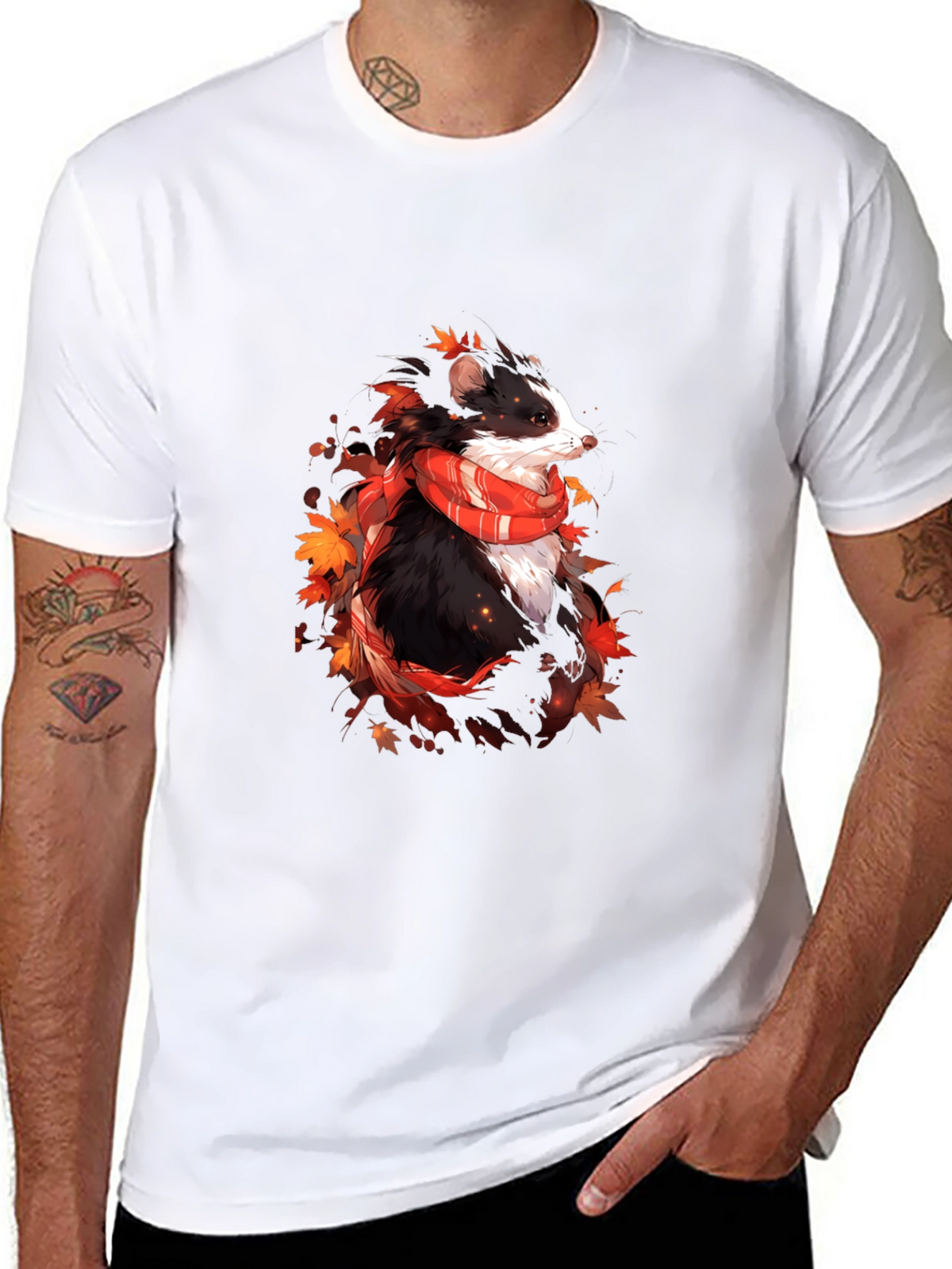 Whimsical Badger Graphic Tee - Autumn Scarf Design