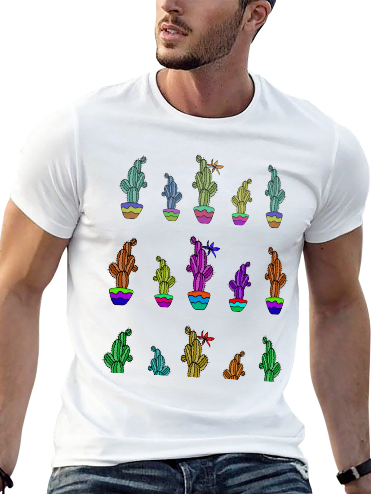 Cactus Print Black T-Shirt - Unique Design