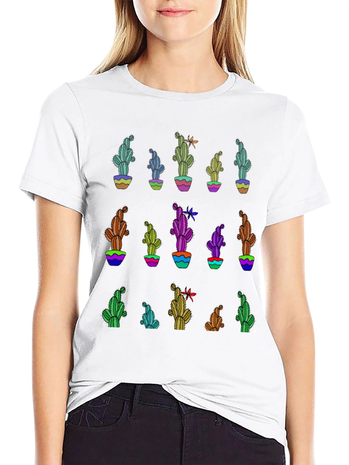 Cactus Print Black T-Shirt - Unique Design