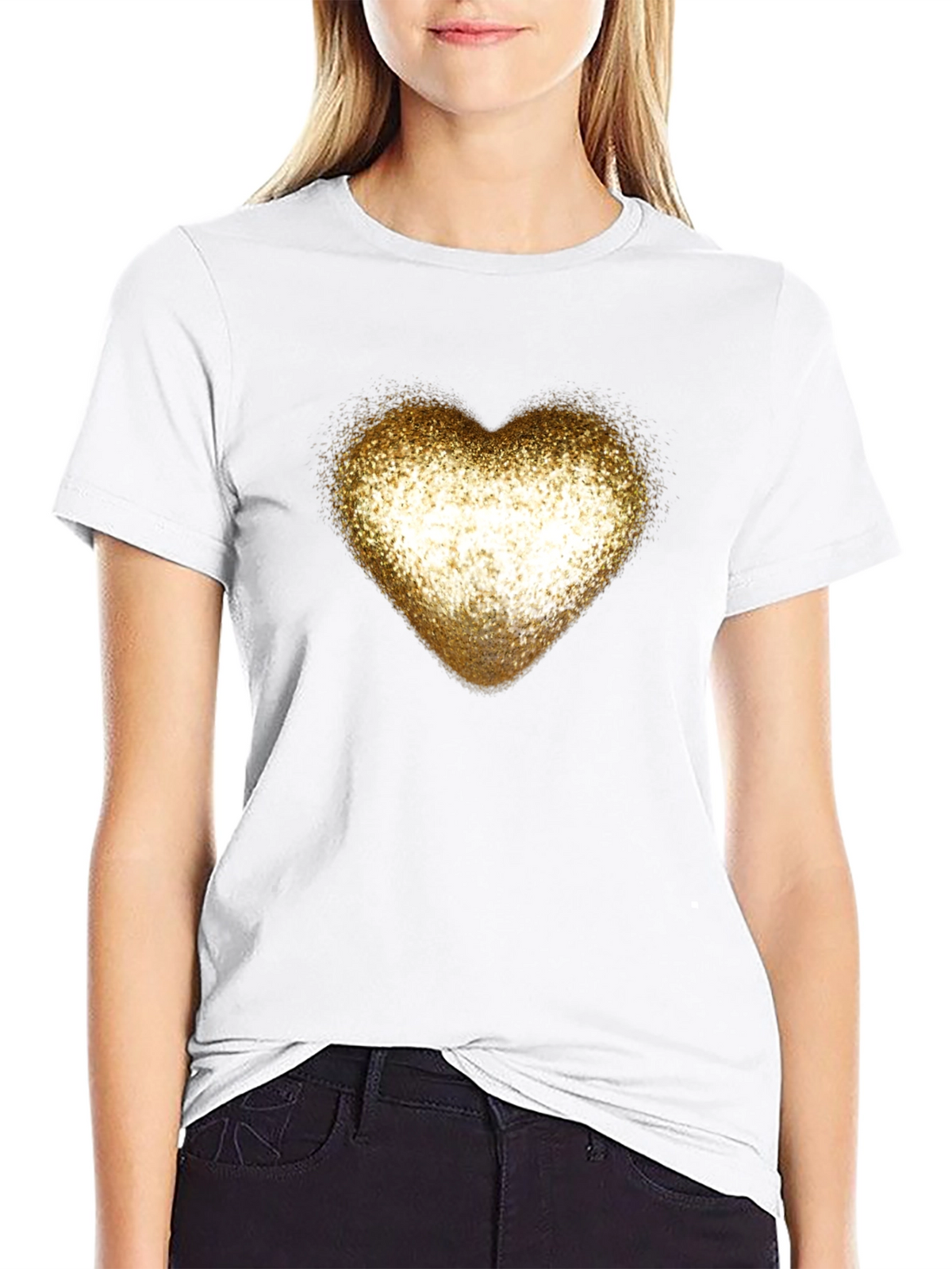 Golden Glitter Heart Black T-Shirt