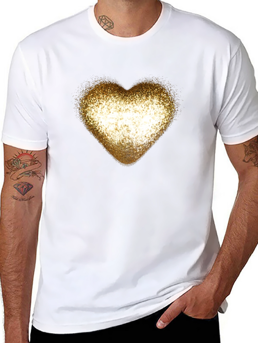 Golden Glitter Heart Black T-Shirt