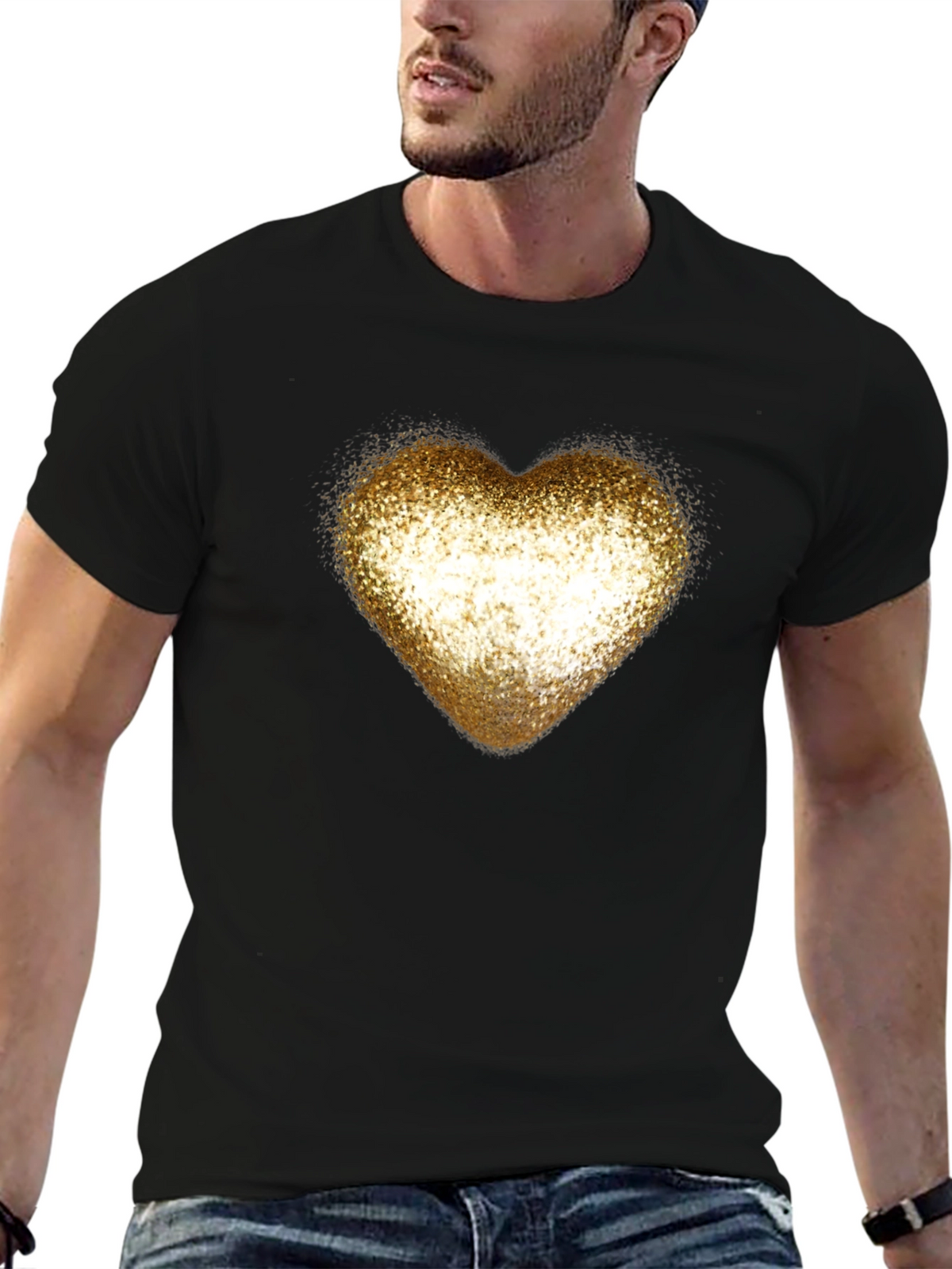 Golden Glitter Heart Black T-Shirt
