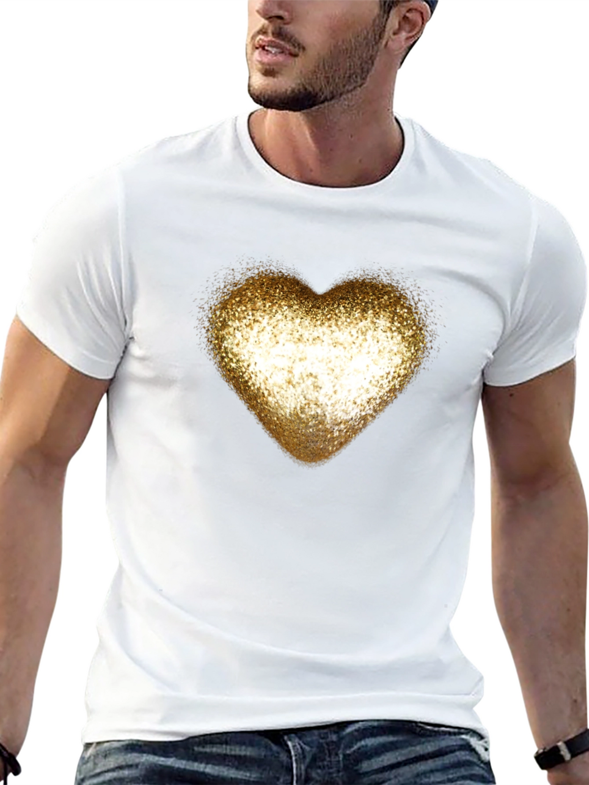 Golden Glitter Heart Black T-Shirt