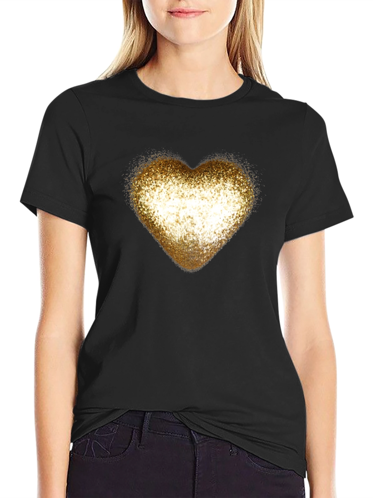 Golden Glitter Heart Black T-Shirt