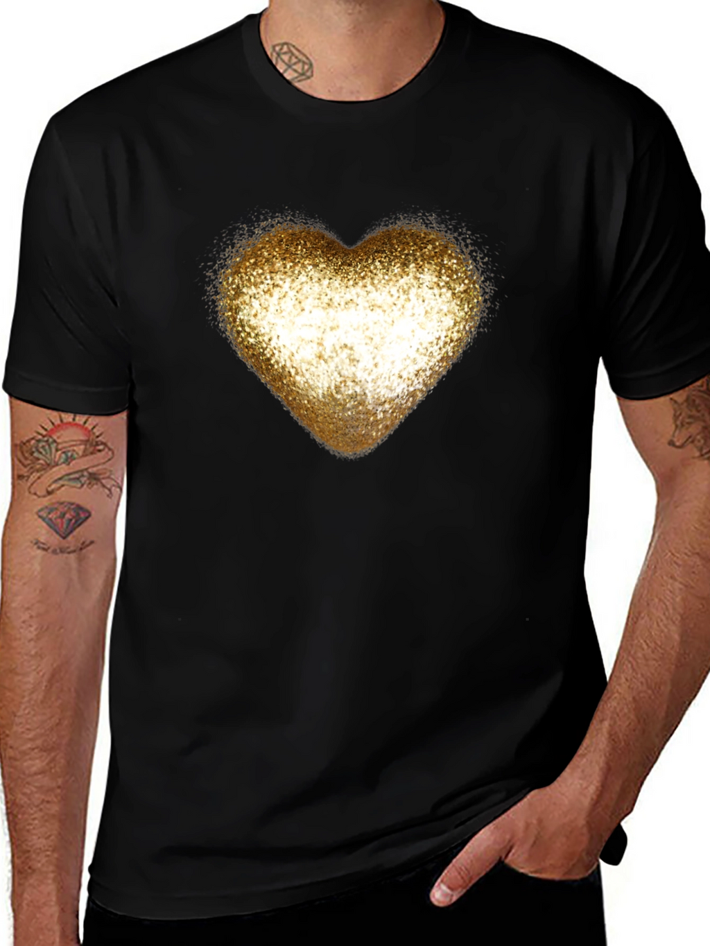 Golden Glitter Heart Black T-Shirt