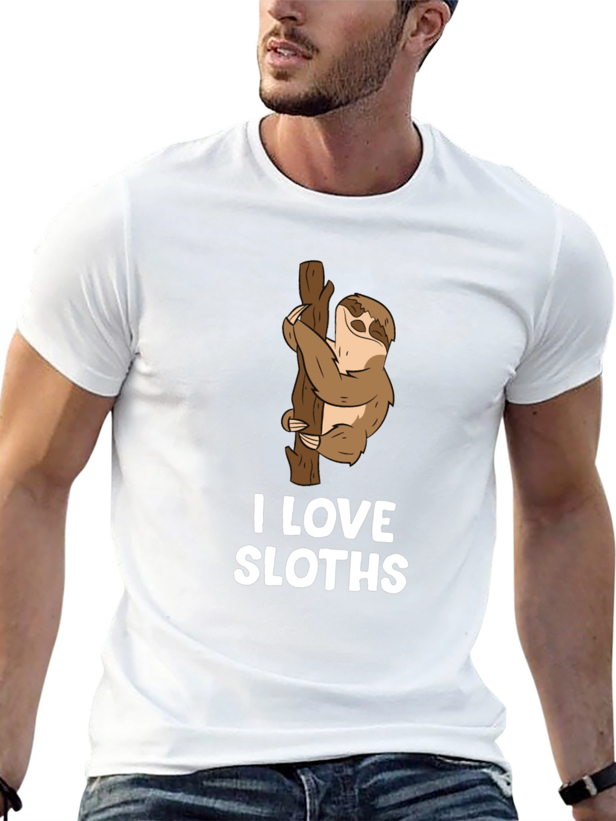 I Love Sloths Black Cotton T-Shirt