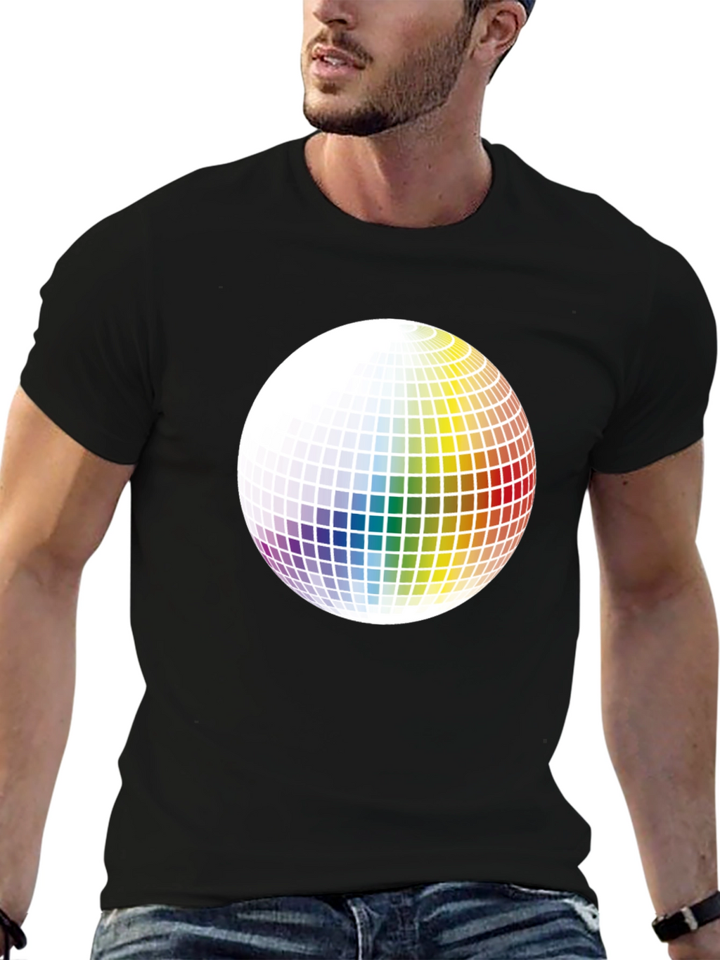 Retro Rainbow Sphere Graphic Tee - Black Cotton Blend