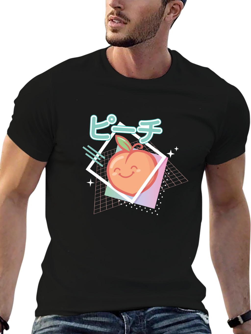 Retro Peach Graphic Tee - Black Cotton T-Shirt