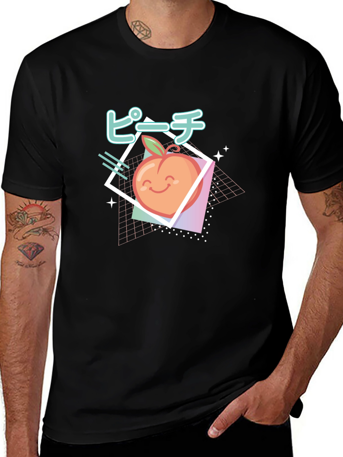 Retro Peach Graphic Tee - Black Cotton T-Shirt