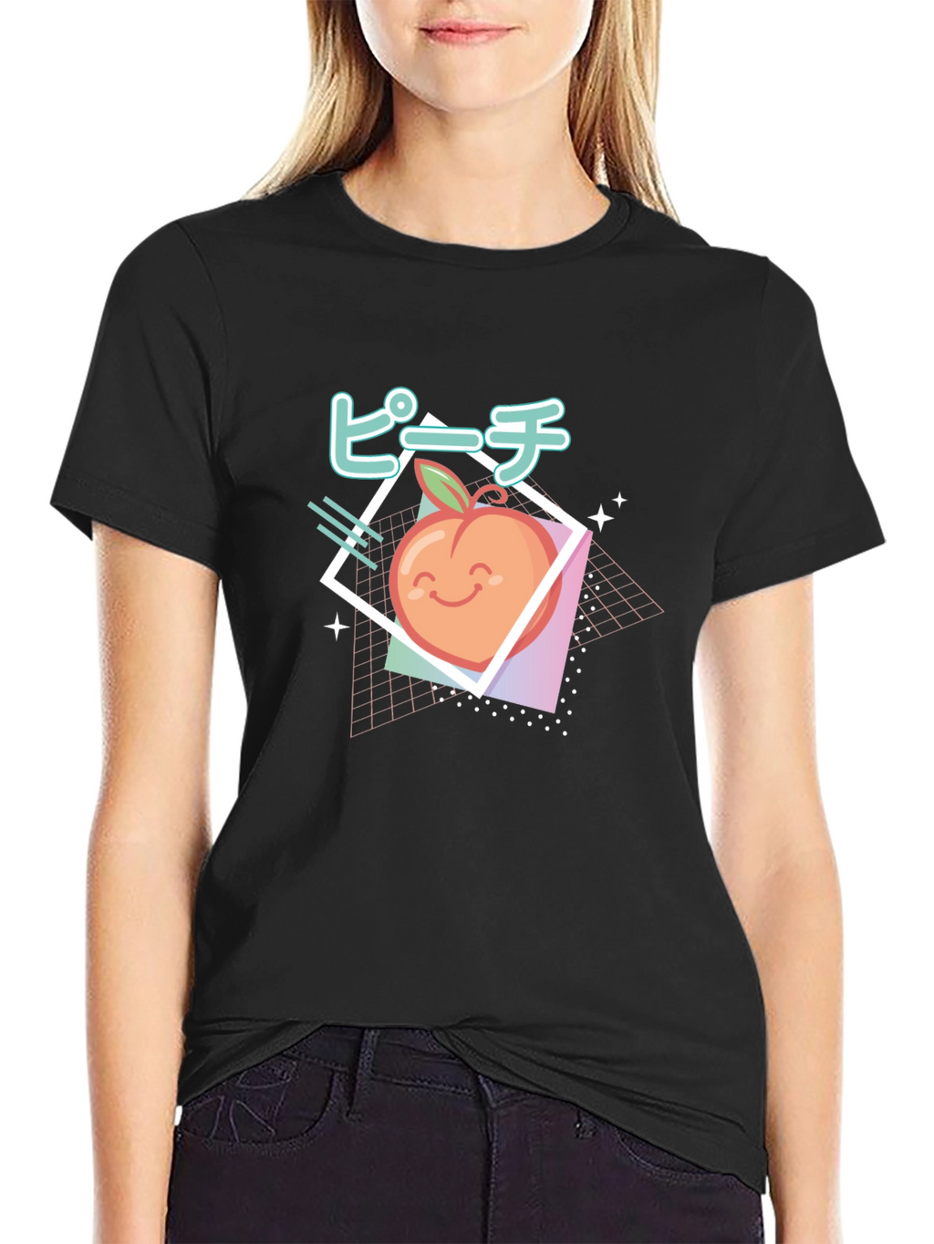 Retro Peach Graphic Tee - Black Cotton T-Shirt