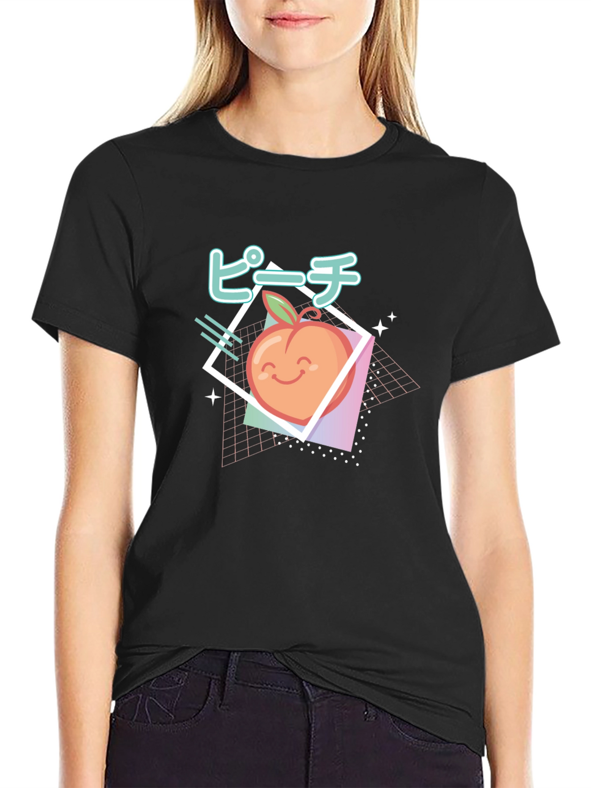 Retro Peach Graphic Tee - Black Cotton T-Shirt